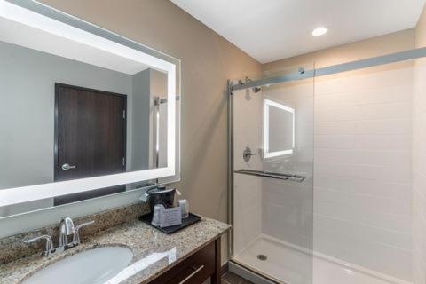 a bathroom with a shower and a sink and a mirror at Sleep Inn & Suites Denver International Airport in Denver