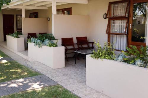 a patio with four white planters with plants at The Village Guesthouse in Ceres