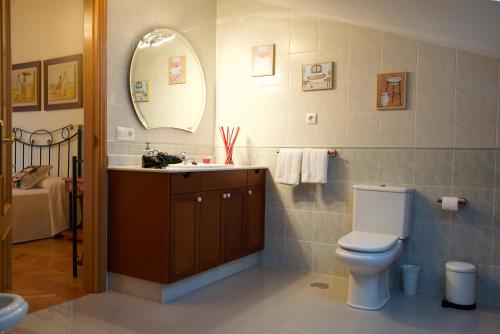 La salle de bains est pourvue de toilettes, d'un lavabo et d'un miroir. dans l'établissement CHALET CON PISCINA EN MIÑO-Perbes, à Miño