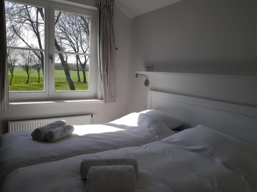 1 dormitorio con 2 camas frente a una ventana en De Haas, en Oostkapelle