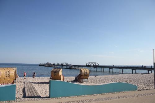 a view of a beach with a pier in the background at Sonnengarten 10 - Ruhepol in Kellenhusen