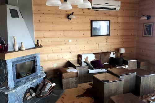 a living room with a fireplace and a couch at Ostoja Spokoju in Olchowiec