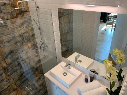 a bathroom with a sink and a mirror at AGIHOME Rajska 3 Apartments in Krakow