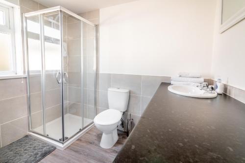 a bathroom with a shower and a toilet and a sink at PLATFORM Port Area Apartment 2 in Hull