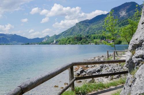 a fence on the shore of a body of water at Ferienwohnungen Sammer in Strobl