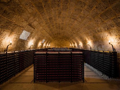 a wine cellar with rows of wine racks in a tunnel at Abadia Retuerta LeDomaine in Sardoncillo