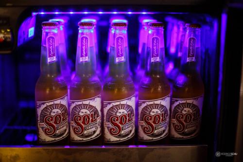 a row of bottles of beer in a refrigerator at Tonello Business Hotel in Campo Mourão