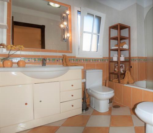 y baño con lavabo, aseo y espejo. en Bed & Breakfast Tenerife, en San Miguel de Abona
