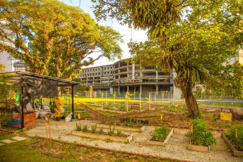 a garden with a greenhouse and a tree and a building at YWCA Kuala Lumpur in Kuala Lumpur