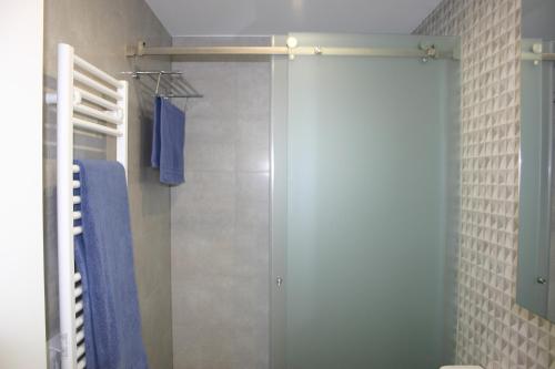 a shower with a glass door in a bathroom at APARTAMENTO MAR WITH PARKINg in Sesimbra