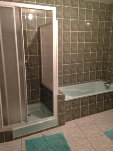 y baño con ducha y puerta de cristal. en Maison Guigon en Saint-Désirat