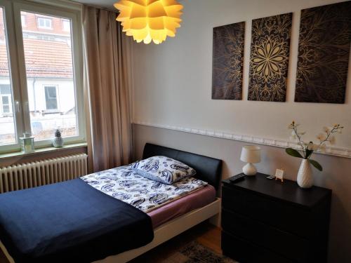 um pequeno quarto com uma cama e uma janela em City Apartments em Göttingen