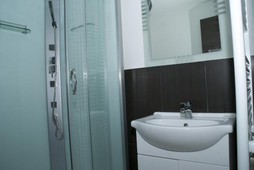 a bathroom with a sink and a glass shower at Hotel Otopeni in Otopeni