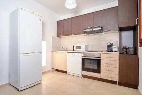 a kitchen with a white refrigerator and wooden cabinets at Villa Olga in Radanovići