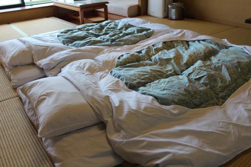 เตียงในห้องที่ Kagoshima Sunamushionsen Ibusuki Hakusuikan