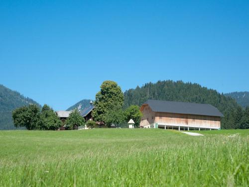 Eine Scheune auf einem Feld neben einem Grasfeld in der Unterkunft Reithartlhof in Bad Mitterndorf