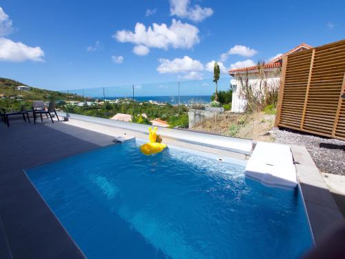 a swimming pool with a fire hydrant in the water at LES VILLAS GLACY in Les Trois-Îlets