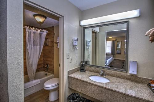 a bathroom with a sink and a toilet and a mirror at The Guest Lodge Gainesville in Gainesville