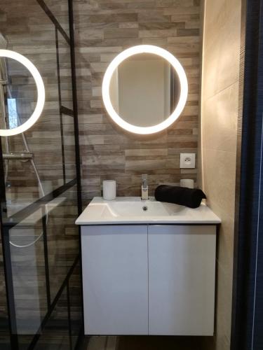 une salle de bain avec un lavabo blanc et un miroir dans l'établissement Appartement Cosy proche Météo France et Airbus, à Toulouse