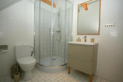 La salle de bains est pourvue d'une douche, de toilettes et d'un lavabo. dans l'établissement Uroczysko Teremiski, à Białowieża