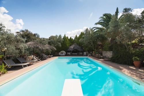 una gran piscina azul con sillas y árboles en Villa Giulia a "Casa Conti di Sotto", en Gavorrano