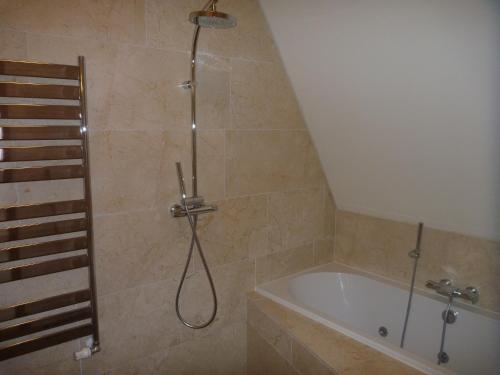 a bathroom with a shower and a bath tub at Hotelsuites Ambrosijn in Schiermonnikoog