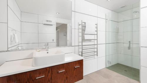 W łazience znajduje się umywalka i prysznic. w obiekcie Stewart Lodge Luxury Spa w mieście Queenstown