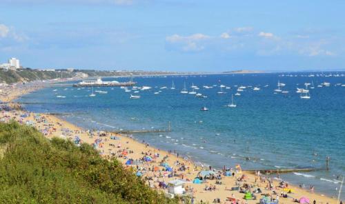 a crowd of people on a beach with boats in the water at Poppy at Oakdene Forest Park in Ringwood