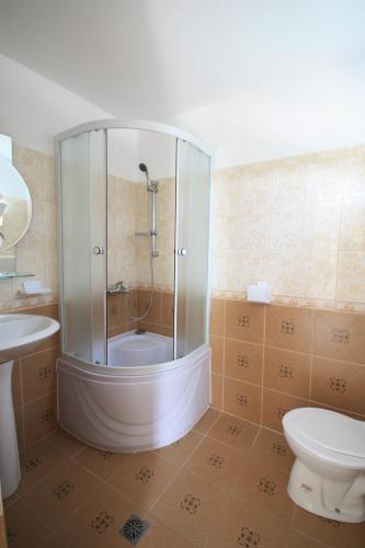 a bathroom with a shower and a toilet at Vila Casa Leul in Jupiter