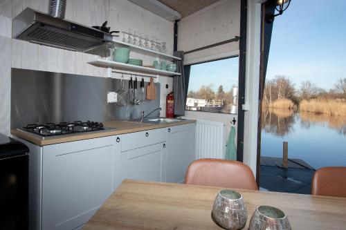 cocina con mesa y vistas al lago en Dobberhuisje, en Nieuwkoop