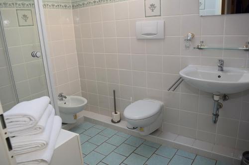 ein Bad mit einem WC und einem Waschbecken in der Unterkunft Gästehaus Barese in Bad Münder am Deister