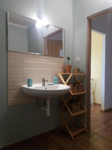 Mieszkanie na Krótkiej في سترونيش لونسكي: حمام مع حوض ومرآة