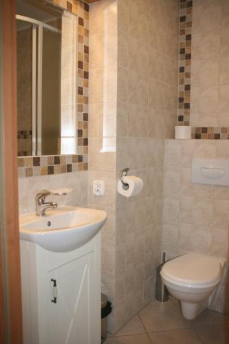 a bathroom with a sink and a toilet at Kantal Apartamenty Hel in Hel