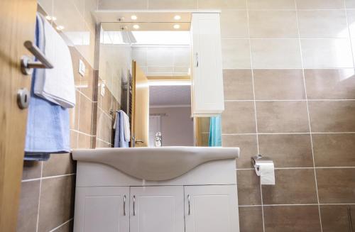 a bathroom with a sink and a mirror at Hotel ZRINSKI in Koprivnica