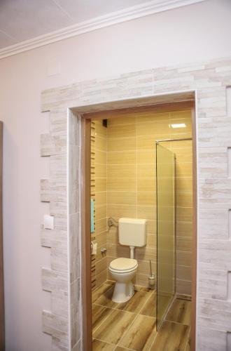 a bathroom with a toilet and a glass shower at Hotel ZRINSKI in Koprivnica