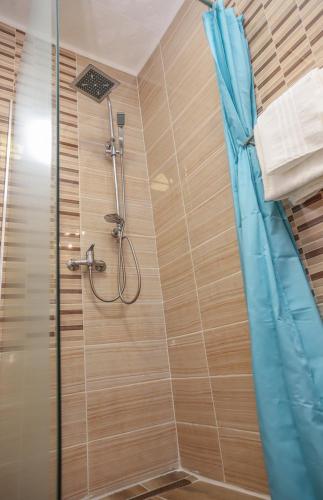 a shower with a blue shower curtain in a bathroom at Hotel ZRINSKI in Koprivnica