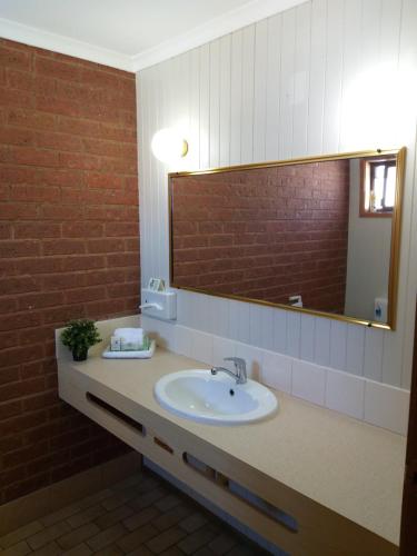 uma casa de banho com um lavatório e um espelho grande em Country Mile Motor Inn em Forbes