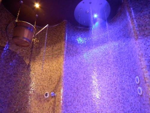 a purple tiled wall with a bucket and lights at Hotel Fiordigigli in Assergi