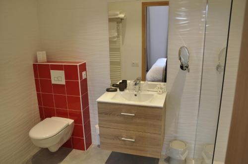 a bathroom with a toilet and a sink and a shower at Les Tonnelles in Bar-sur-Seine