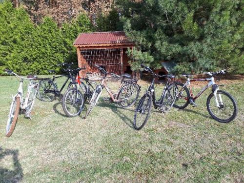 a group of bikes parked in front of a building at Agroturystyka Stajnia Zwierzyniec in Międzychód