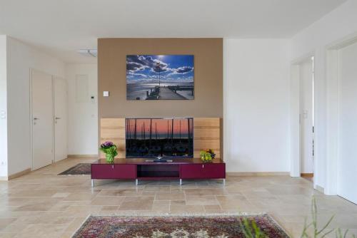 a living room with a fireplace in the middle at Pannonia Appartements in Neusiedl am See