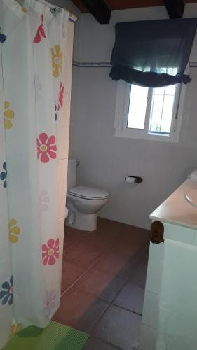 uma casa de banho com um WC e uma janela em Chalet la Huerta 2 amplios jardines y WiFi em Conil de la Frontera