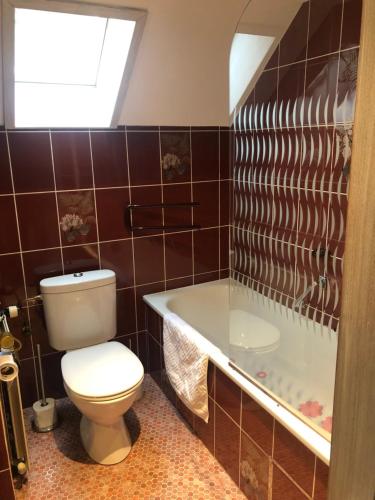 a bathroom with a toilet and a bath tub at Hostellerie de la Chapelle in Malmedy