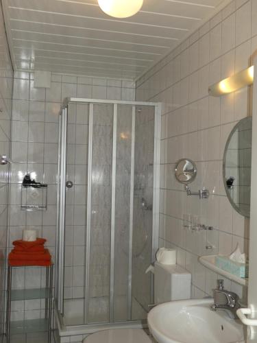 y baño con ducha y lavamanos. en Weingut & Gästehaus Edwin Hoffmann en Trittenheim