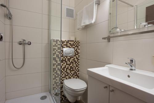 un bagno con wc, lavandino e doccia di Pension Rosenhof a Linz
