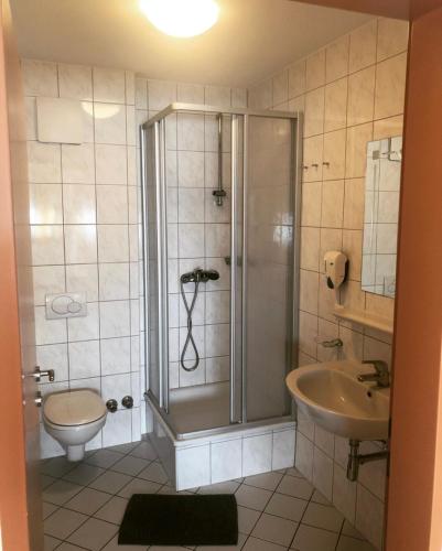 a bathroom with a shower and a toilet and a sink at Gasthaus-Pension zum Löwen in Asten