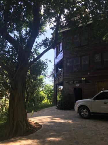 a car parked in front of a building with a tree at Roatan Bed & Breakfast Apartments in West End