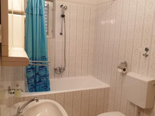 a bathroom with a shower and a toilet and a sink at Apartments and Rooms Dobrila in Jelsa