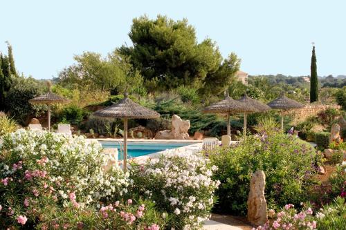 a pool in a garden with umbrellas and flowers at Sa Carrotja - Adults Only in Ses Salines