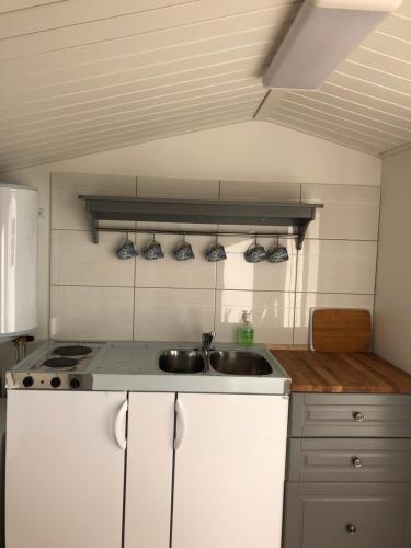 a kitchen with a sink and a counter top at Two small Guest houses by lake rent out as One in Hjo